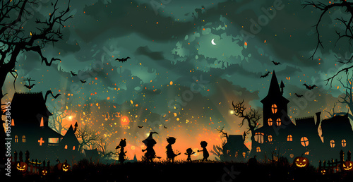 A Halloween scene with a group of children dressed as witches