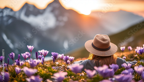 Relaxen, eine Frau mit Hut liegt am Berg auf der Wiese zwischen lila Krokussen und blickt ins Tal, hinter den Berge  geht die Sonne unter - mit schwacher Tiefenschärfe photo