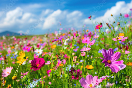 A vibrant meadow full of colorful wildflowers in full bloom during springtime © Venka