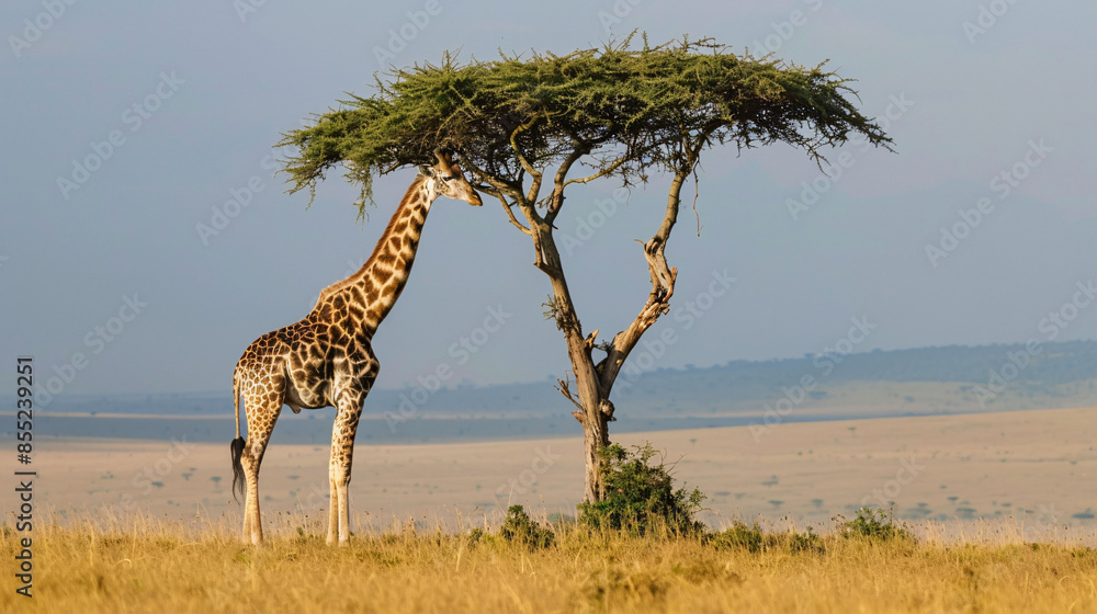Obraz premium A giraffe stands alone beside a tree in the wilderness of Africa
