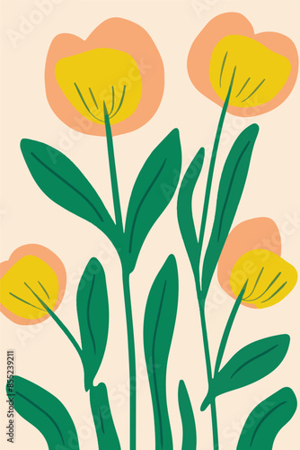 Abstract illustrations featuring vibrant yellow tulip designs, perfect for spring holidays like Easter, Mother's Day, and more. These colorful, minimalist art pieces add a fresh, festive touch to any 
