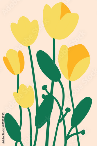 Wallpaper Mural Abstract illustrations featuring vibrant yellow tulip designs, perfect for spring holidays like Easter, Mother's Day, and more. These colorful, minimalist art pieces add a fresh, festive touch to any  Torontodigital.ca