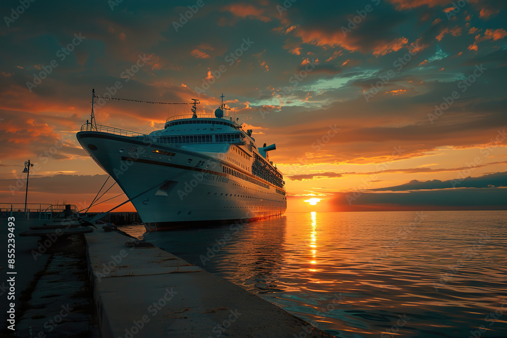 A large cruise ship is docked at a pier, with the sun setting in the background A large cruise ship is docked at a pier, with the sun setting in the background