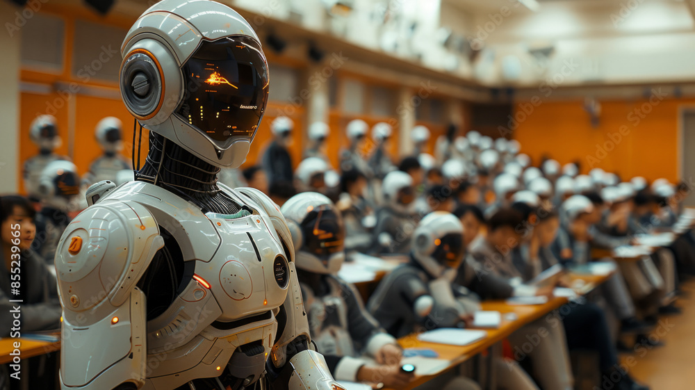 the teacher is a human professor standing in front of his students, the students are humanoid robots actively listening to the lecture,generative ai the teacher is a human professor standing in front of his students, the students are humanoid robots actively listening to the lecture,generative ai
