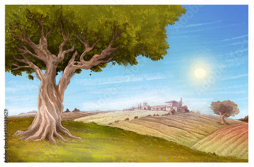 Ilustración de paisaje andaluz rural con árbol y casa