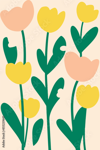 bstract illustrations featuring vibrant yellow tulip designs, perfect for spring holidays like Easter, Mother's Day, and more. These colorful, minimalist art pieces add a fresh, festive touch to any p