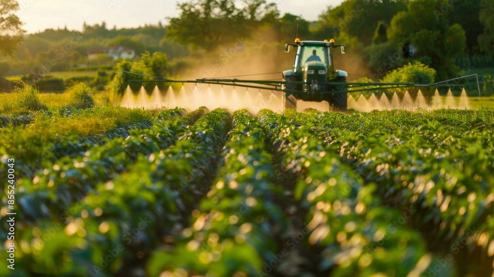 A tractor sprays crops in a lush, green field at sunset, symbolizing modern, sustainable agriculture and advanced farming practices. Ideal for agricultural themes. A tractor sprays crops in a lush, green field at sunset, symbolizing modern, sustainable agriculture and advanced farming practices. Ideal for agricultural themes.