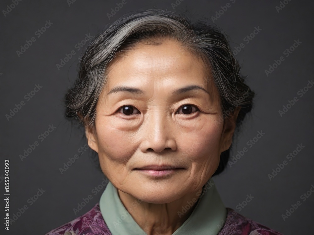 Portrait of a 65 year old elegant woman of Asian appearance on a dark background