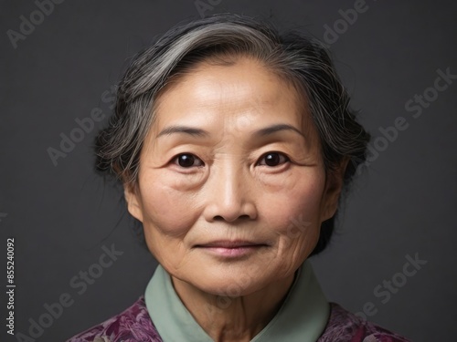 Obraz na płótnie Portrait of a 65 year old elegant woman of Asian appearance on a dark background w salonie