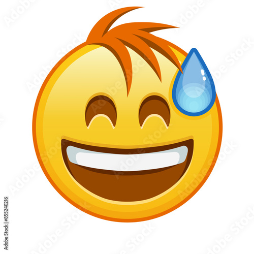 Smiling face in cold sweat with open mouth Large size of yellow emoji smile with hair