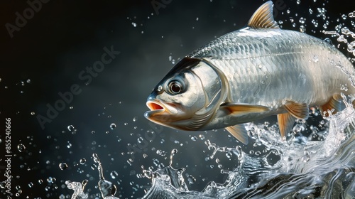 Majestic silver fish breaking the water's surface, droplets splashing around, showcasing the elegance and strength of aquatic creatures in vivid detail, sunlight glistening off its scales photo
