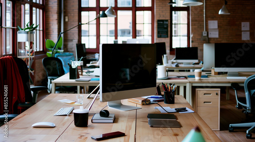 A cluttered office with a computer monitor on a desk