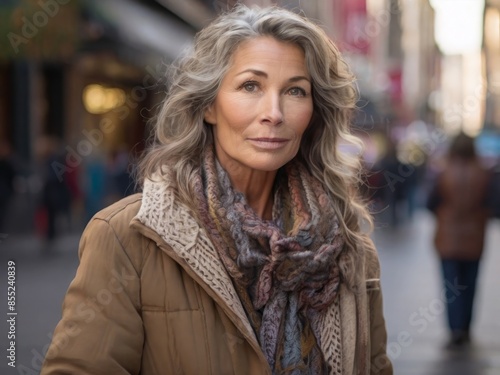Obraz na płótnie Portrait of a smiling 55 year old brunette businesswoman with long hair looking at the camera on the street. Beautiful confident Italian woman in a stylish suit standing on the street w salonie