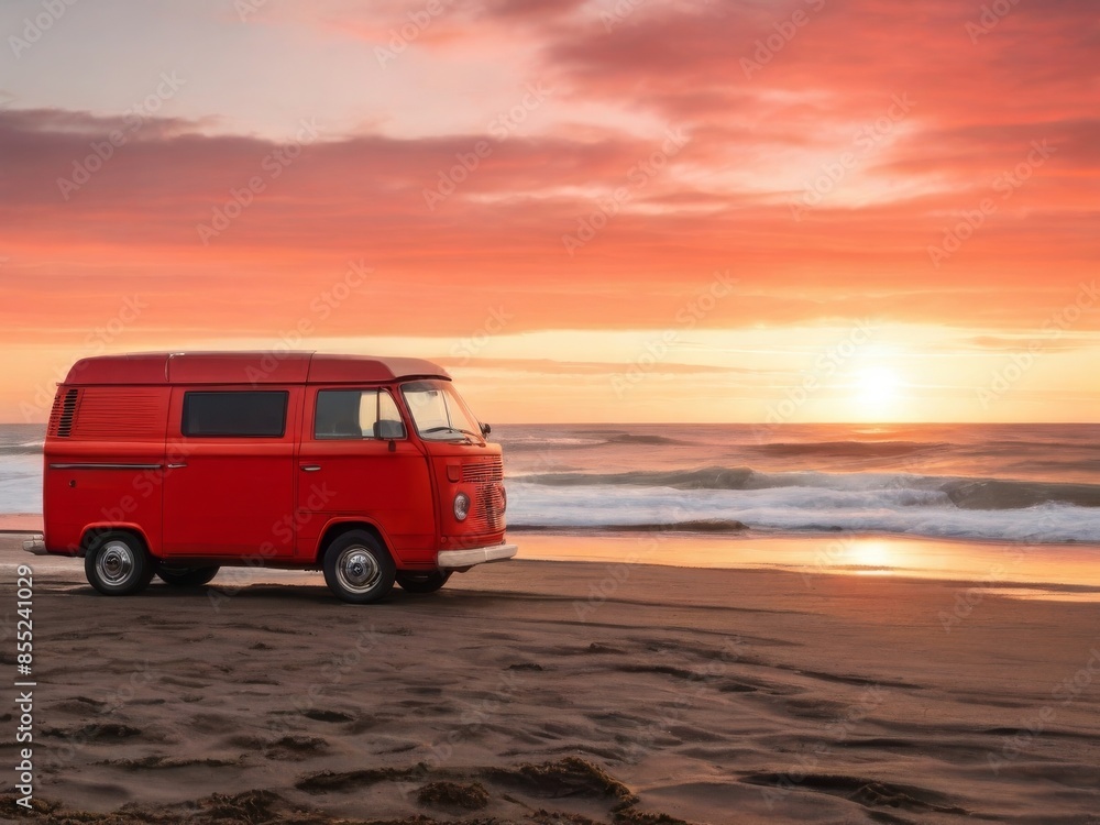 Red travelers minibus on the seashore at sunset