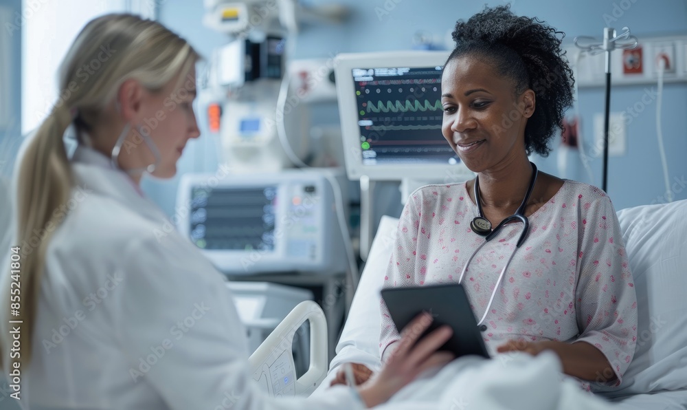 Presenting Medical Data on Tablet to Elderly Patient in Hospital Bed Presenting Medical Data on Tablet to Elderly Patient in Hospital Bed
