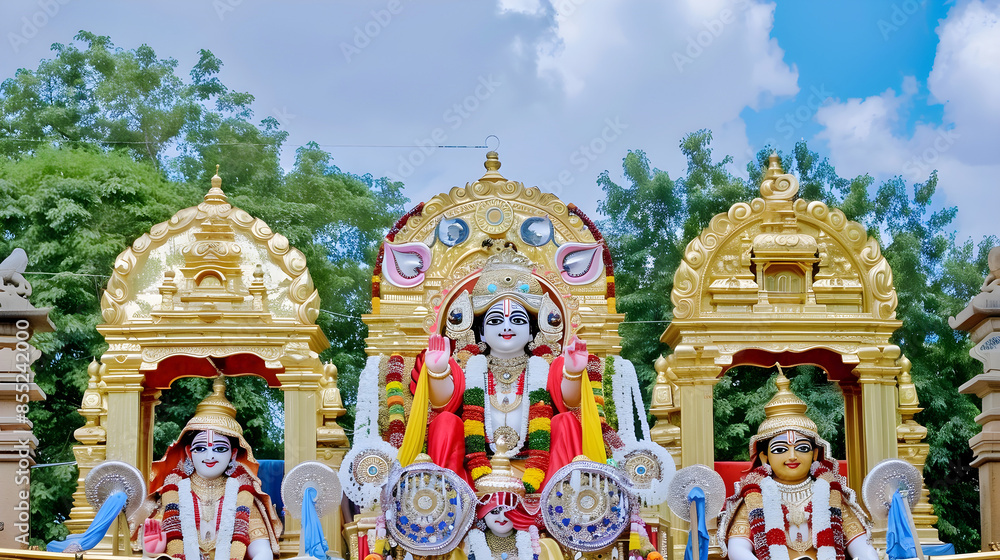 Naklejka premium Ratha Yatra with golden deities on bright chariots. Close-up