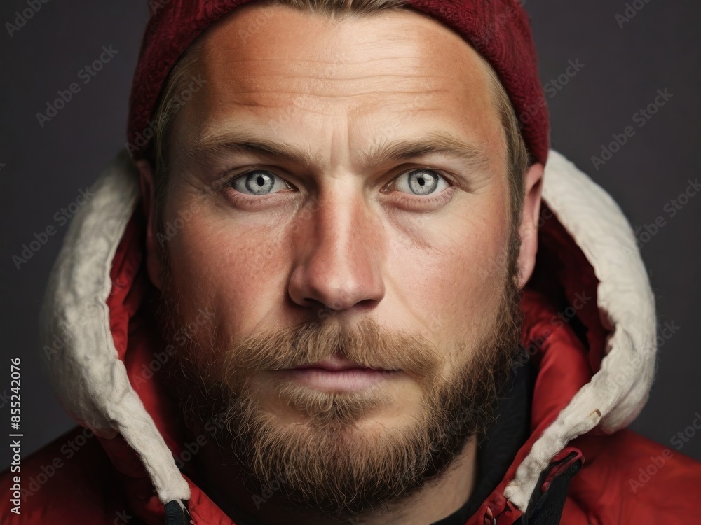 Close-up portrait of a handsome brutal man with a beard and mustache, dressed in winter clothes.