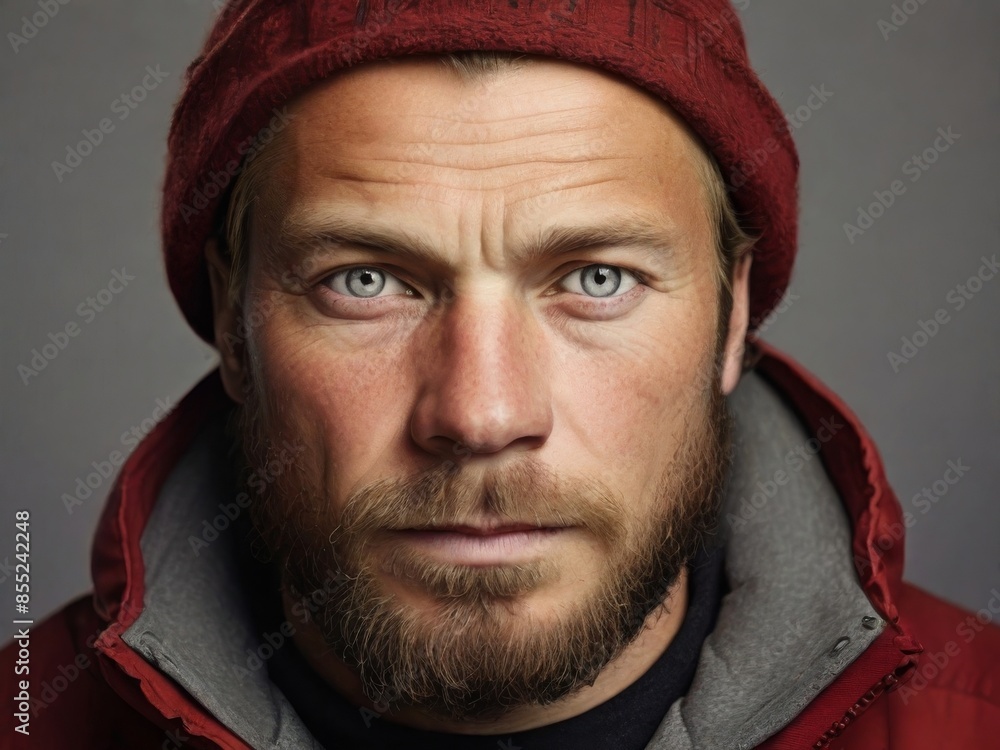 Close-up portrait of a handsome brutal man with a beard and mustache, dressed in winter clothes.
