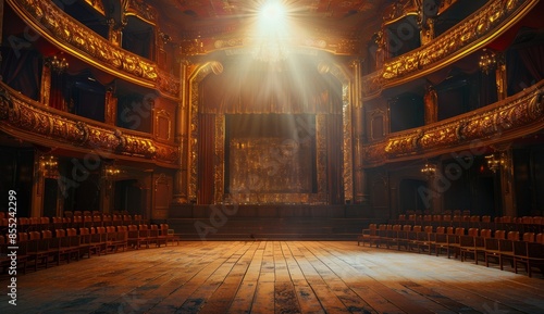 Empty Theater Seats Facing Stage With Golden Decor