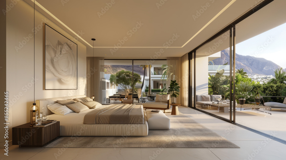 Fototapeta premium Elegant Modern Bedroom with Dining Area and Plush Sofa 