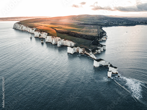 Sunset from a Birds Eye view of the famous Old Harry Rocks in Dorset photo