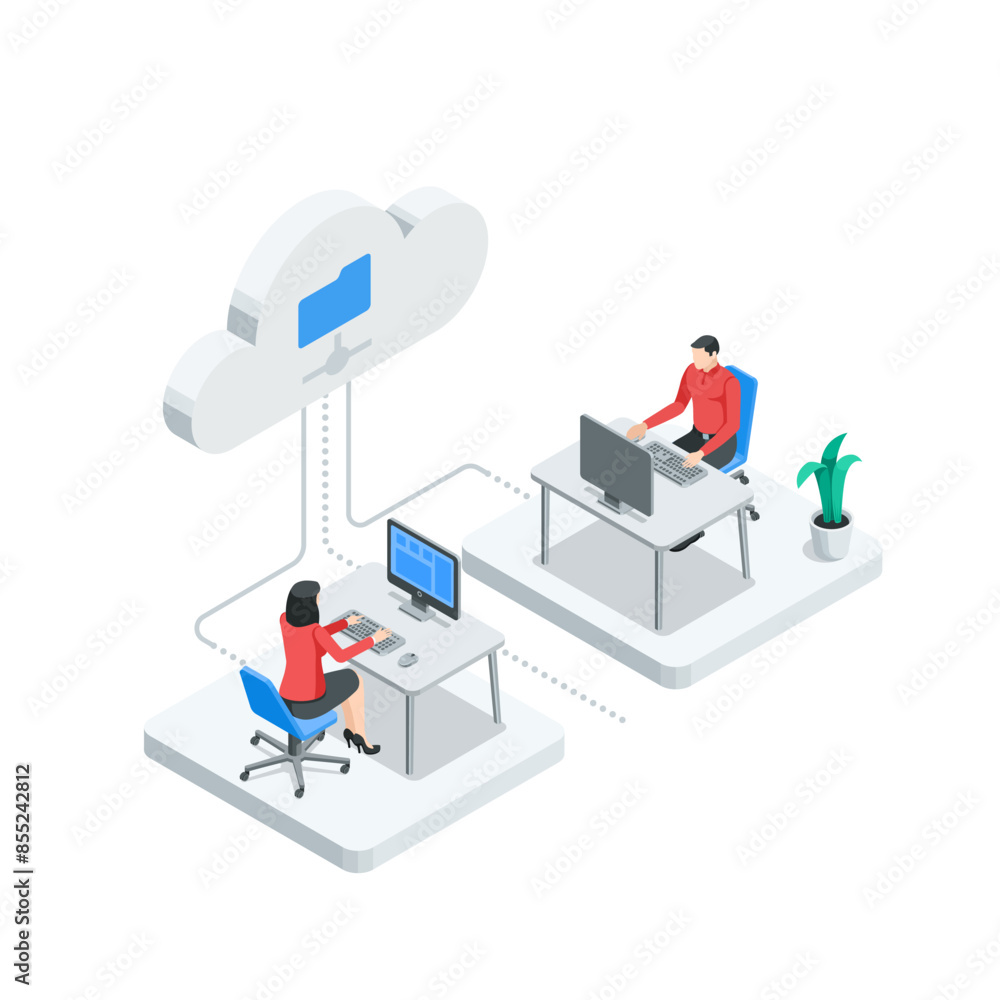 isometric vector man and woman working at a computer connected via a network to the cloud, in color on a white background, office work with data stored in the cloud or working on a network isometric vector man and woman working at a computer connected via a network to the cloud, in color on a white background, office work with data stored in the cloud or working on a network