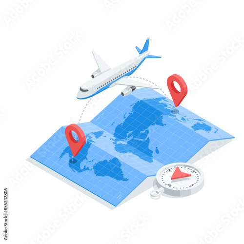 isometric vector passenger plane flying from one location to another over a world map, in color on a white background, air travel or long haul flights