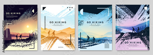 Vector illustration. Travel concept of discovering, exploring and observing nature. Hiking. Climbing. Adventure tourism. Flat design elements brochure, magazine, book cover, invitation, poster, card