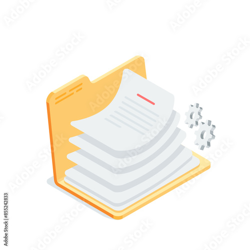 isometric vector opened folder with a stack of documents, in color on a white background, paper folder or paper work