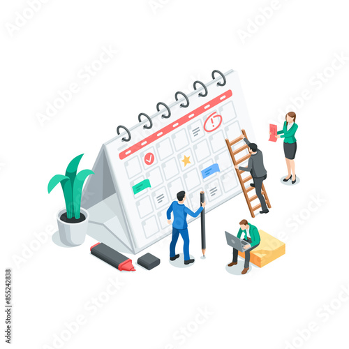 isometric vector men and woman near the calendar, in color on a white background, planning or teamwork with calendar