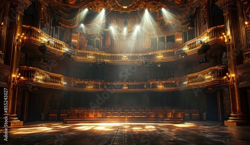 Empty Theater Seats Facing Stage With Golden Decor