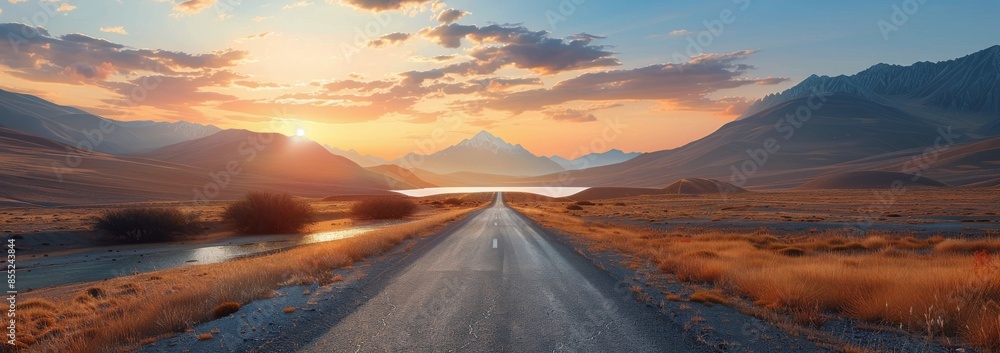 Obraz premium Scenic Road Leading Through Field Towards Mountain Lake at Sunrise