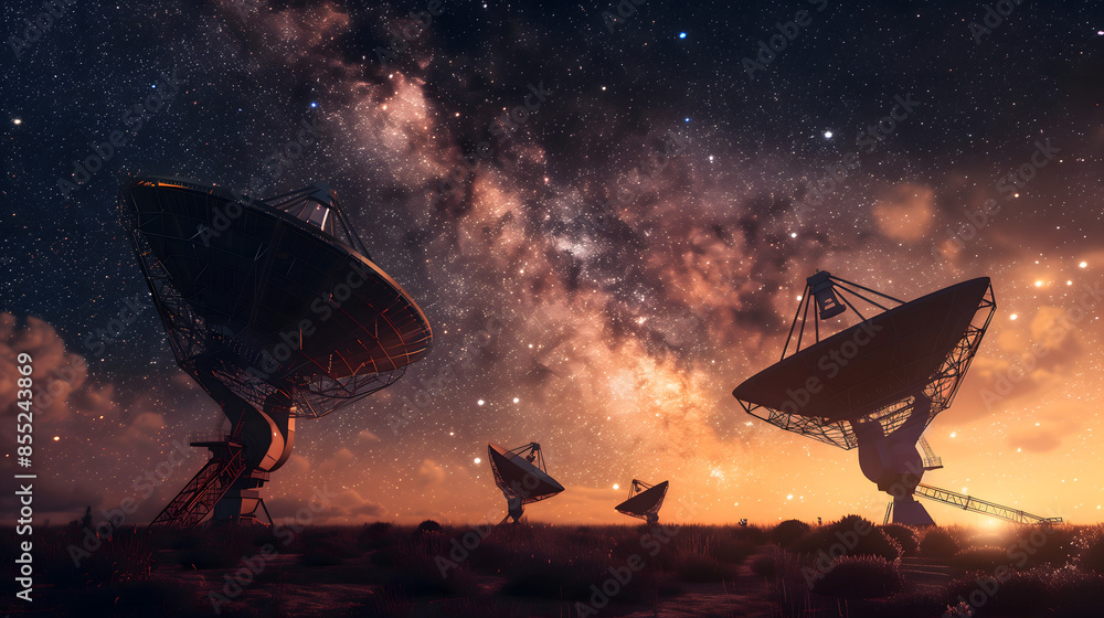 Antenas parabólicas observando el espacio bajo cielo estrellado Antenas parabólicas observando el espacio bajo cielo estrellado