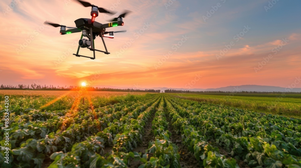 A black drone with a camera flies over a field of green crops during a colorful sunset. A black drone with a camera flies over a field of green crops during a colorful sunset.