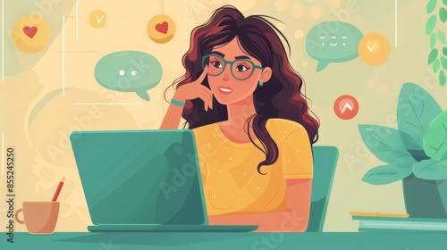 A beautiful girl is taking a social survey on her laptop