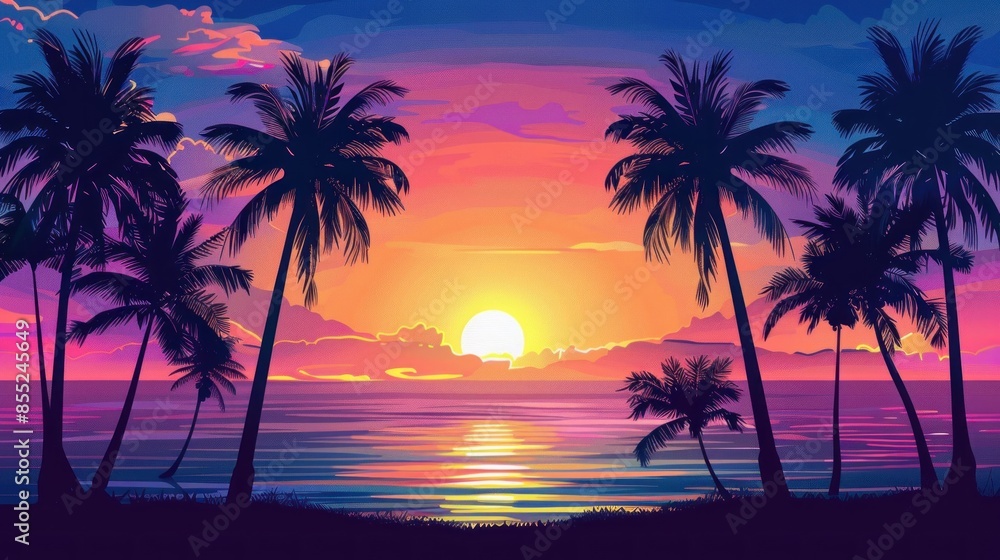 Bright sunset over a tropical sea with palm tree silhouettes and a peaceful beach horizon. Bright sunset over a tropical sea with palm tree silhouettes and a peaceful beach horizon.