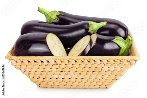 eggplant in a wicker basket isolated on white background with full depth of field. Top view. Flat lay