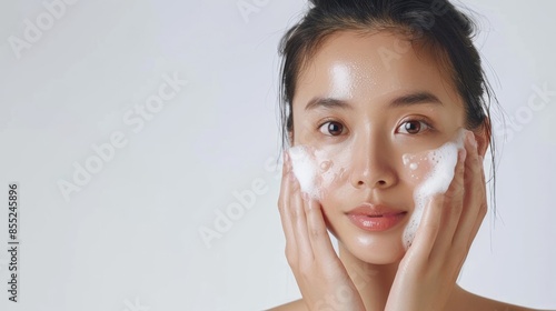 Asian model does facial cleansing young girl with foam on her face