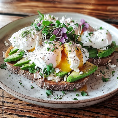 A close-up shot of a gourmet avocado toast with poached eggs and a sprinkle of microgreens, beautifully plated on a rustic wooden table. 
