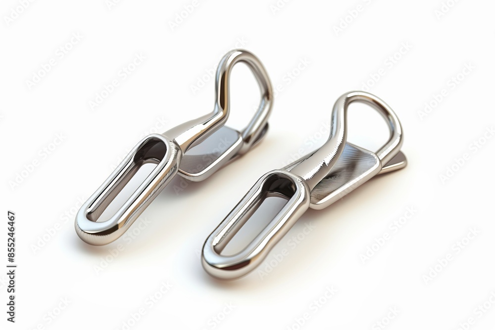 Close-up view of two shiny zipper pulls on a white background. Minimalist style for fashion or accessory design. Perfect for illustrating concepts related to clothing or hardware. Generative AI Close-up view of two shiny zipper pulls on a white background. Minimalist style for fashion or accessory design. Perfect for illustrating concepts related to clothing or hardware. Generative AI