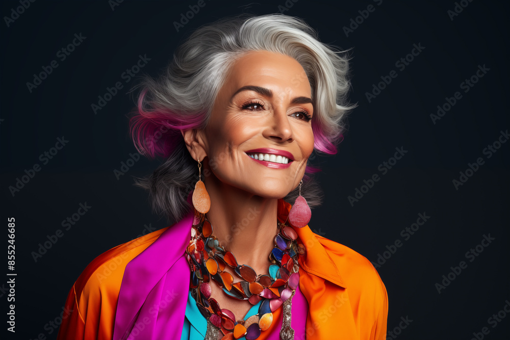 Mature middle aged stylish modern woman wearing bright colored neon cloths in copy space black background, smiling short hair happy woman wearing luxury jewelries, good health with good skin care Mature middle aged stylish modern woman wearing bright colored neon cloths in copy space black background, smiling short hair happy woman wearing luxury jewelries, good health with good skin care