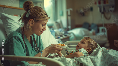 nurse wearing green tries to feed a child with cancer sleeps as his hospital bed,generative ai photo