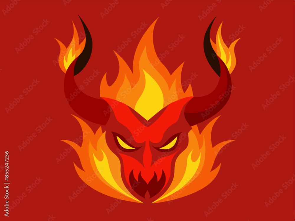 Fiery Demon head with horns Design on Red Background, Concept of Aggression, Strength, Bold Icon, Halloween, monster, fantasy. Print. Fiery Demon head with horns Design on Red Background, Concept of Aggression, Strength, Bold Icon, Halloween, monster, fantasy. Print.