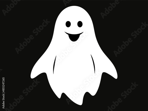 White ghost silhouette isolated on a black background, concept of Halloween, spooky spirit, minimalist style, cute phantom illustration, icon, design element.