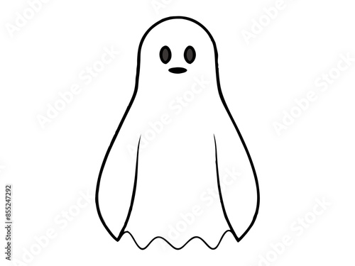 Black outline of cute ghost isolated on white background. Concept of spooky spirit, Halloween symbol, minimalist design, cute phantom. Print, icon, design element, coloring page