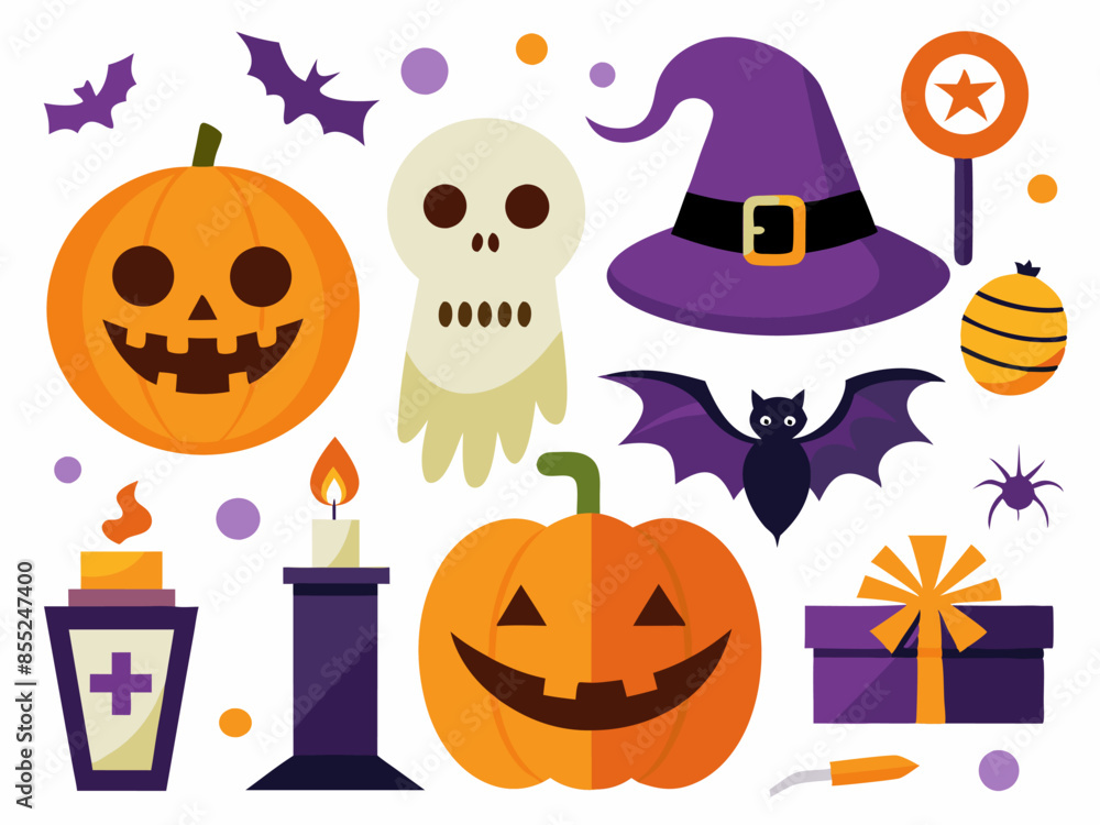 Halloween Vector Set Isolated on White Background, Pumpkin, Bat, Witch Hat, Cute Halloween Elements, Holiday Icons. Halloween Vector Set Isolated on White Background, Pumpkin, Bat, Witch Hat, Cute Halloween Elements, Holiday Icons.