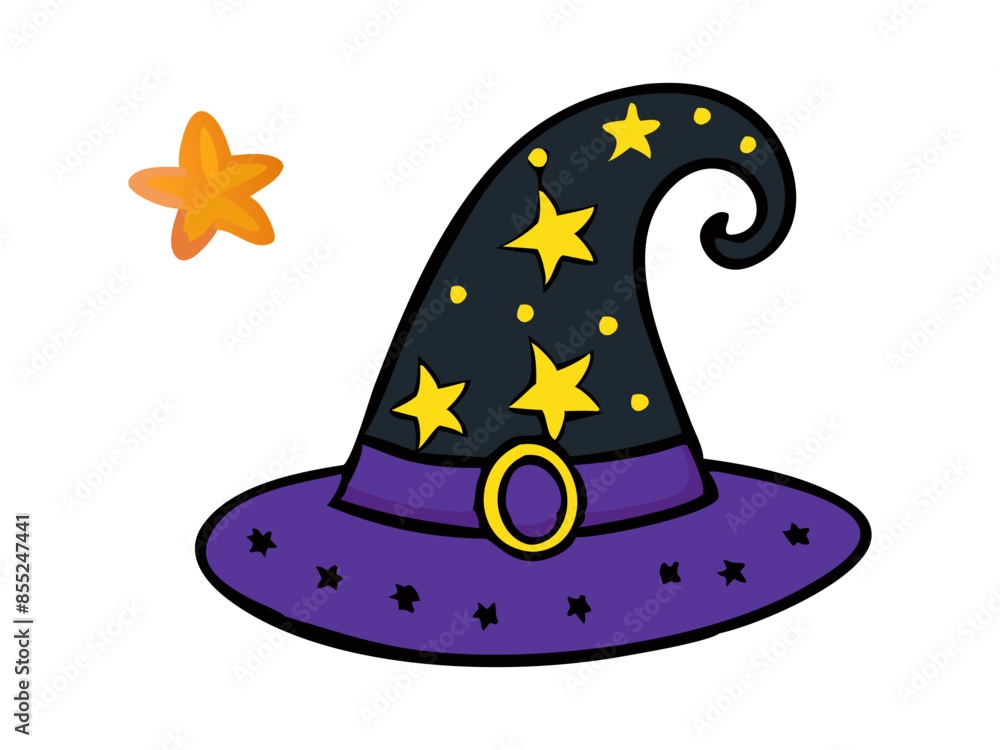 Witch hat isolated on a white background. Hand drawn Wizard pointed hat. Concept of Halloween, Magic, Wizard Accessory, Fantasy Icon, Festive Design. Print, design element Witch hat isolated on a white background. Hand drawn Wizard pointed hat. Concept of Halloween, Magic, Wizard Accessory, Fantasy Icon, Festive Design. Print, design element