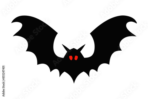 Black silhouette of bat with glowing eyes and spread wings isolated on white background. Concept of Halloween symbol, nocturnal creature, minimalist style, vampire bat. Print, icon, design element