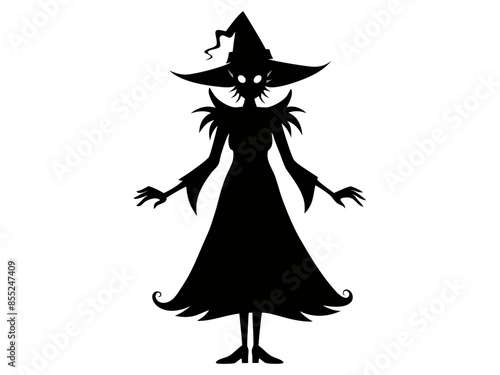 Black silhouette of a witch isolated on a white background. Concept of Halloween, magic, spooky character, witchcraft symbol. Print, icon, design element.