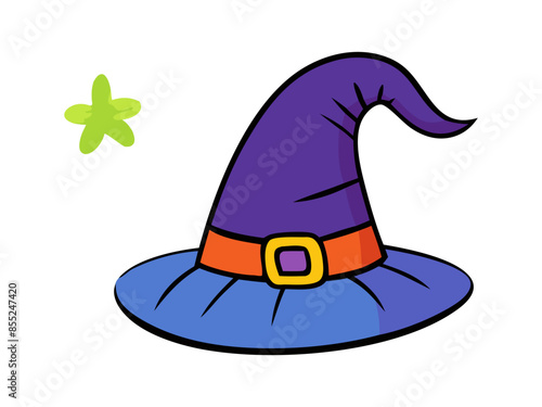 Witch hat isolated on a white background. Hand drawn Wizard pointed hat. Concept of Halloween, Magic, Wizard Accessory, Fantasy Icon, Festive Design. Print, design element